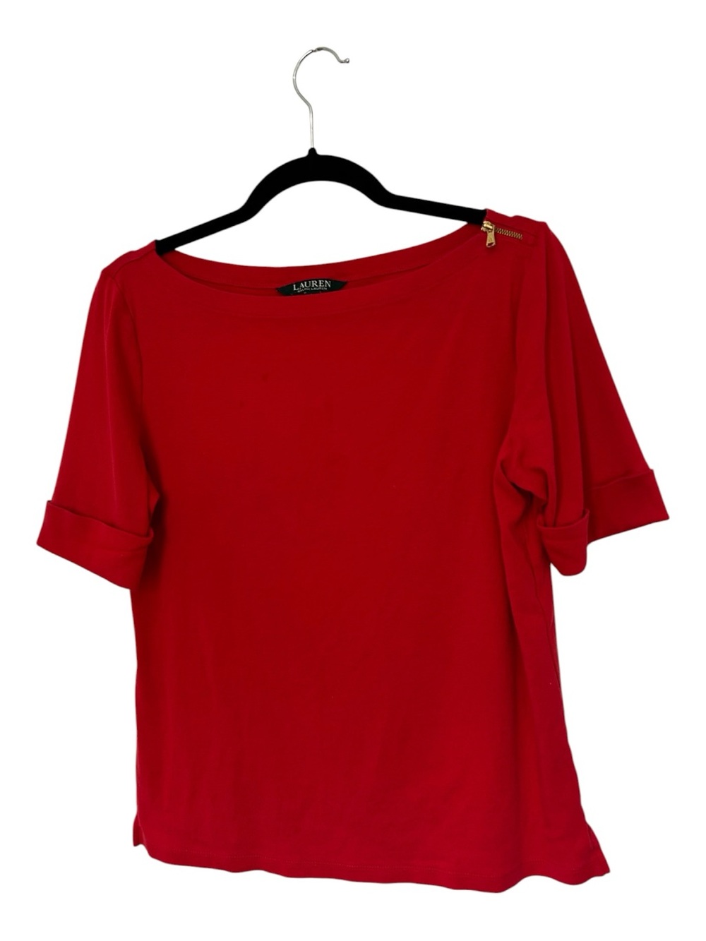 Ralph Lauren Red Boatneck Short Sleeve Top with Shoulder Zip